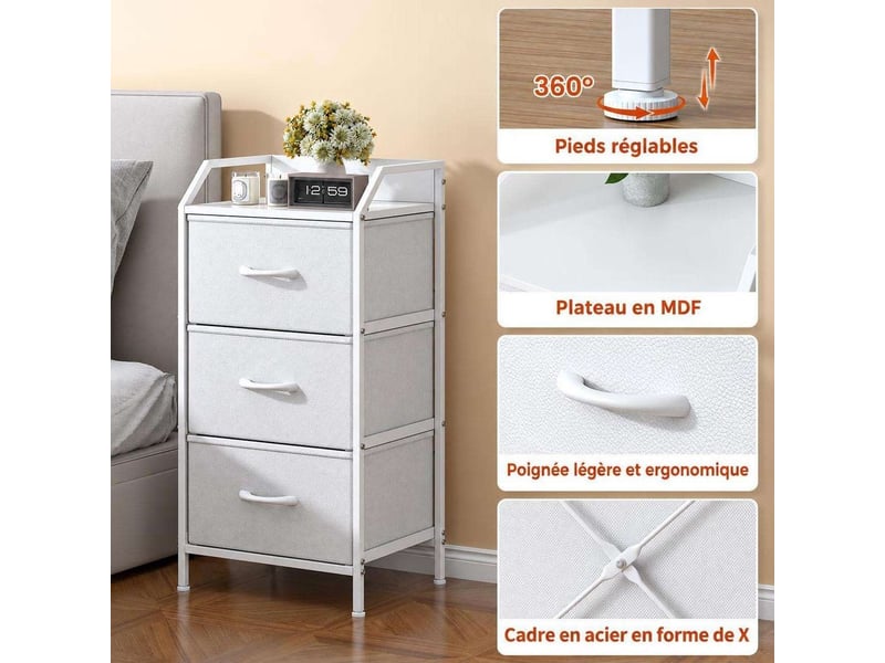  Table de chevet 40x30x78 cm trois tiroirs tissu blanc et metal moderne chambre  - Conforama B