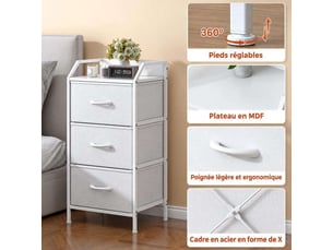 Table de chevet 40x30x78 cm trois tiroirs tissu blanc et metal moderne chambre