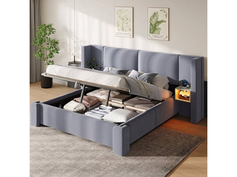  Lit coffre 140x200 gris en lin avec led, tables de chevet intégrées et rangement hydraulique sans matelas  - Conforama D