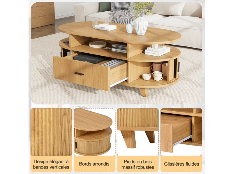  Table basse ovale 100x50x40 cm, 1 tiroir, 2 portes à rideau, rangements ouverts, style nordique, mdf, naturel  - Conforama E