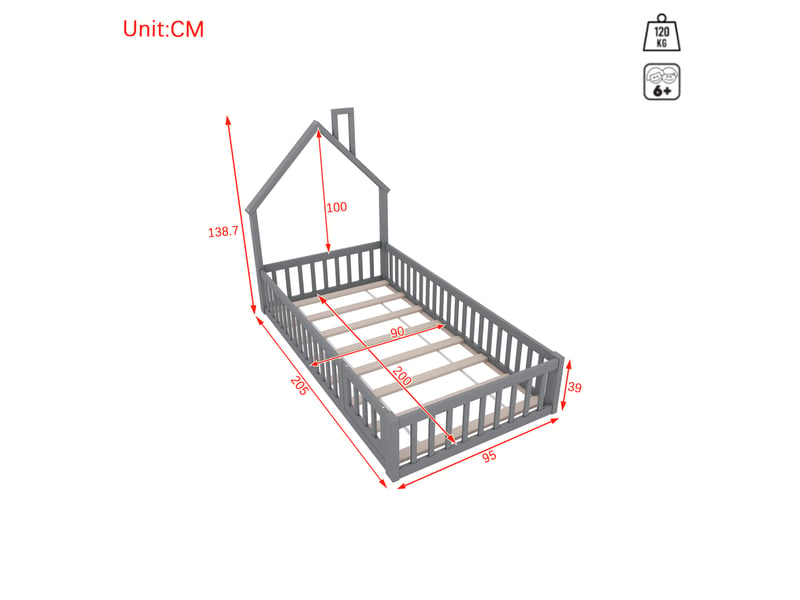  Lit enfant cabane 90x200 cm avec sommier à lattes et barrières gris  - Conforama C