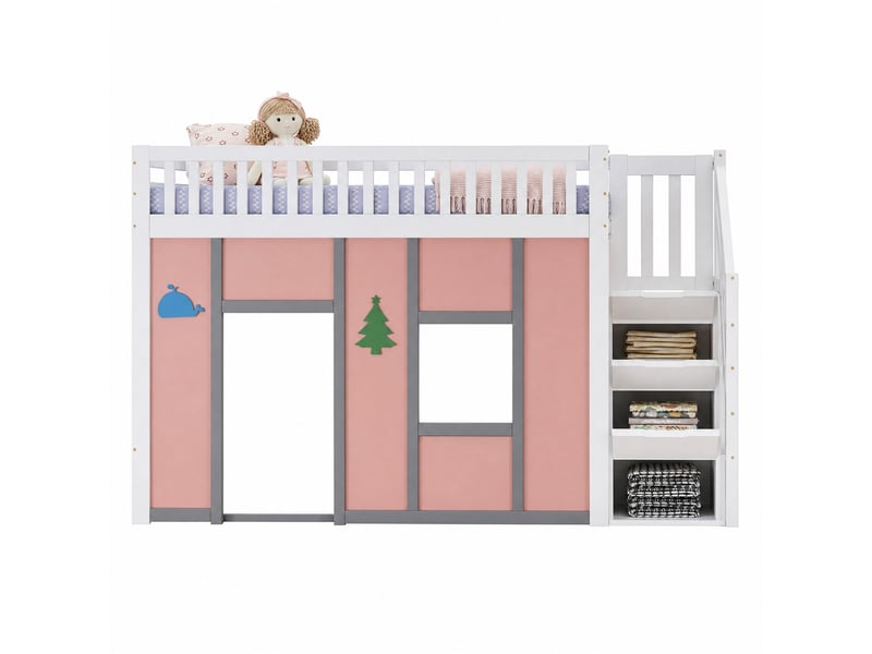  Lit mezzanine 90x200 cm, escalier de rangement et espace de jeu led, en bois, blanc et rose, sans matelas  - Conforama A
