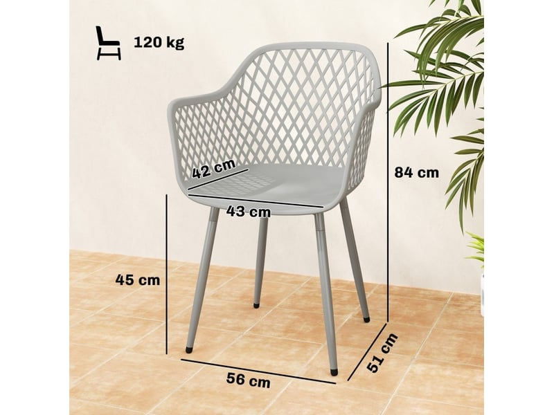 Lot de 4 chaises de jardin avec accoudoirs en plastique gris, pieds en métal, design ajouré uv, 56x51x84 cm - Conforama C