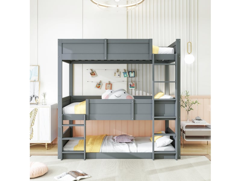  Lit superposé triple enfant 90 x 200 cm gris en bois  - Conforama C