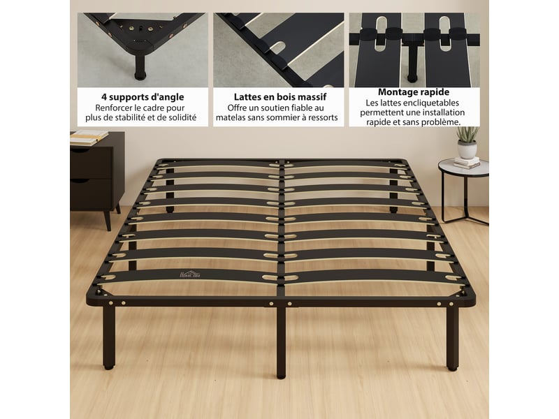  Cadre de lit 160 x 200 cm, lit 2 personnes avec sommier à lattes en bois massif et pied, avec rangement au-dessous, noir  - Conforama R