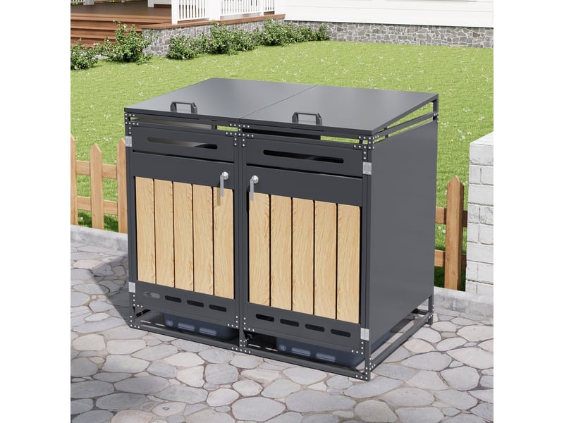  Coffre à poubelles extérieur deux compartiments - couvercle hydraulique, revêtement vertical imitation bois, ventilation perforée, armoire en fer verrouillable  - Conforama W