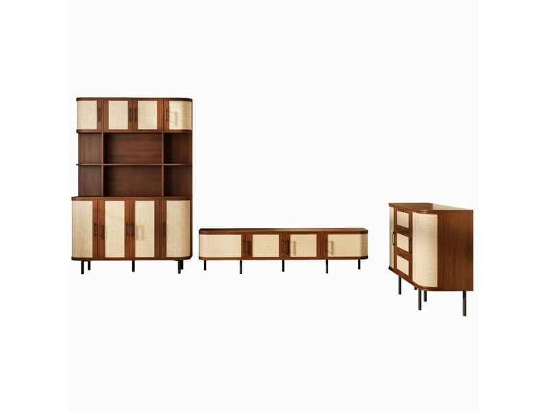 Ensemble de meubles salon 3 pièces, meuble tv 180x40x45 cm, buffet, meuble haut, façades tressées, mdf, noyer - Conforama A
