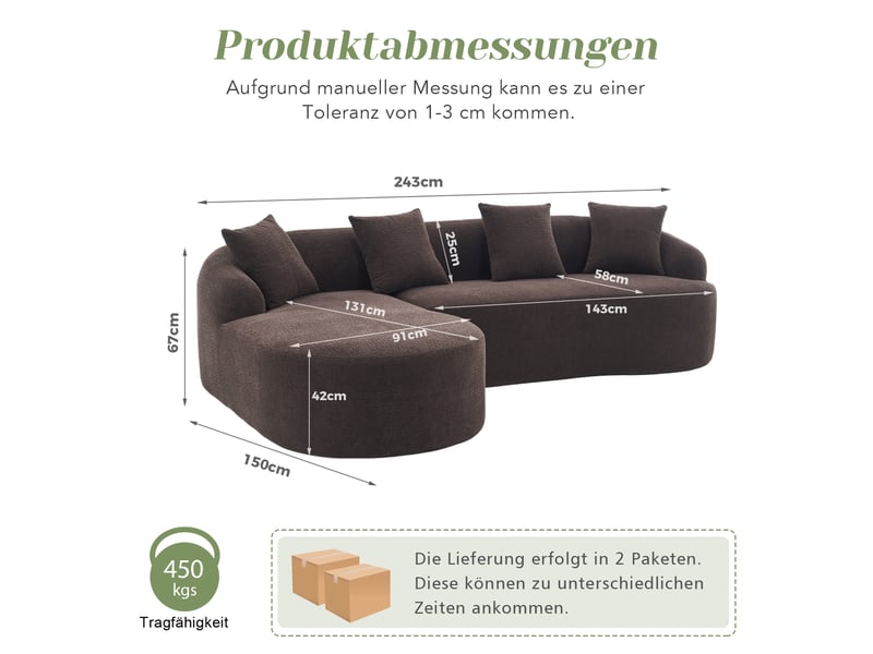 Canapé d’angle modulable gauche avec méridienne, chenille marron, design incurvé, sans montage - Conforama C