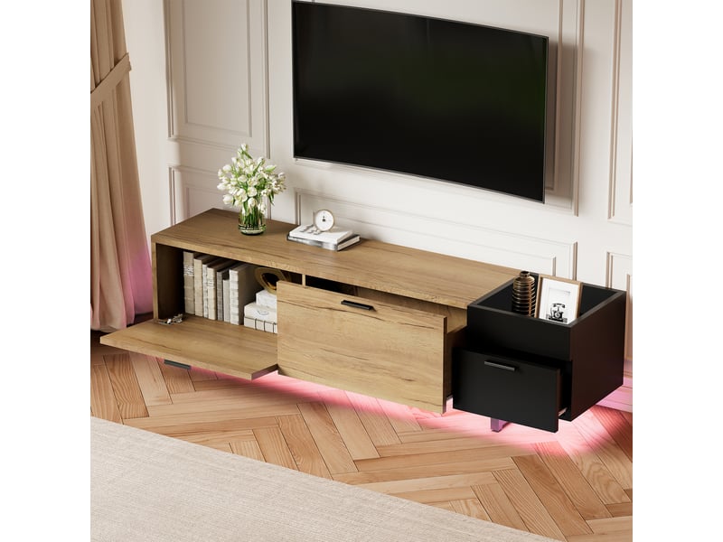  Meuble tv bois et noir 180 cm avec éclairage led, banc de télévision moderne à tiroirs et niches, bois d'ingénierie et métal, 180x38x49 cm  - Conforama D
