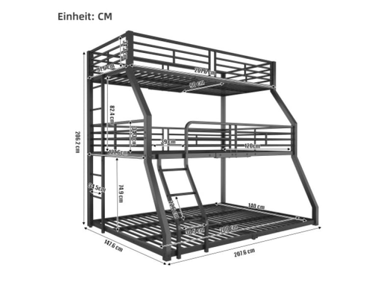  Lit superposé 3 etage 3 places en métal | dimensions 90×200 120×200 140×200 cm | pour enfants et adolescents  - Conforama C