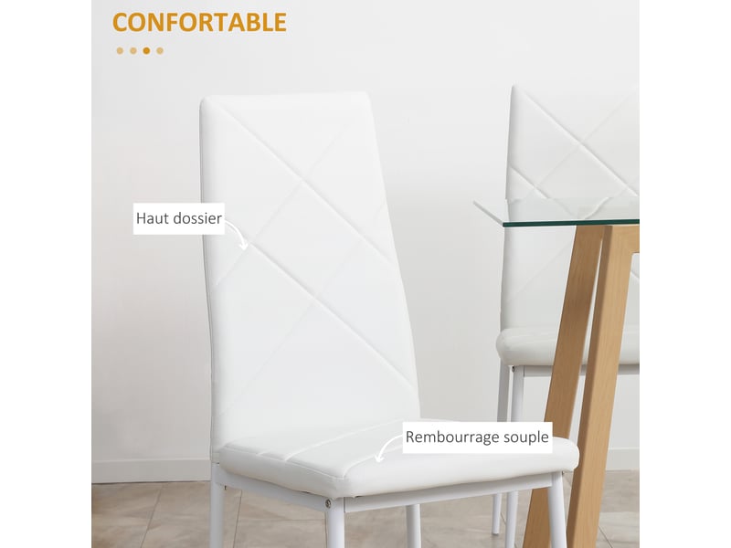  Lot de 4 chaises de salle à manger avec dossier haut, blanc, revêtement synthétique et pieds en acier  - Conforama R