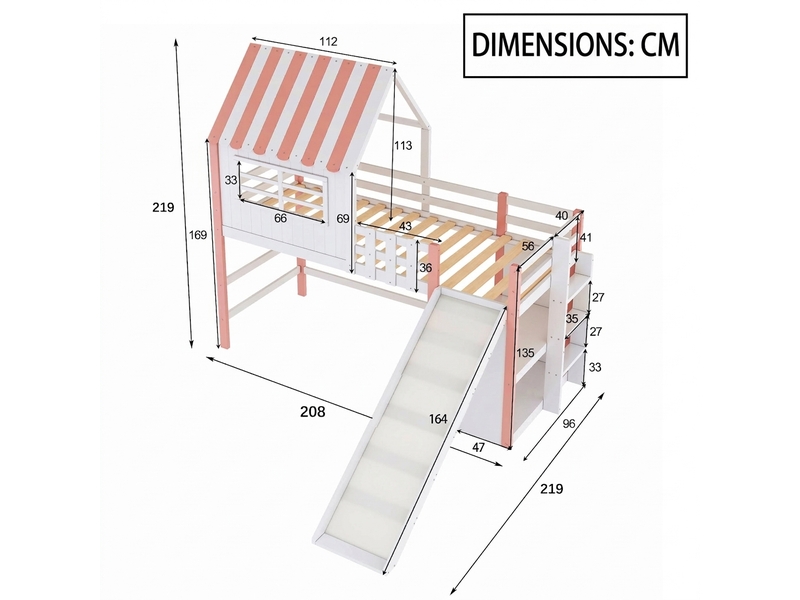 Lit mezzanine enfant rose avec toboggan 90x200 cm - bois massif et rangements intégrés - Conforama C