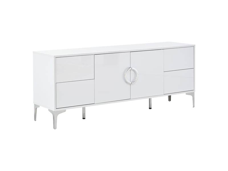  Buffet blanc brillant 150 cm en mdf, 4 tiroirs sans poignées, 2 portes et pieds en métal, meuble bas pour salon et salle à manger  - Conforama A