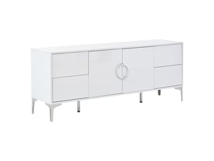 Buffet blanc brillant 150 cm en mdf, 4 tiroirs sans poignées, 2 portes et pieds en métal, meuble bas pour salon et salle à manger