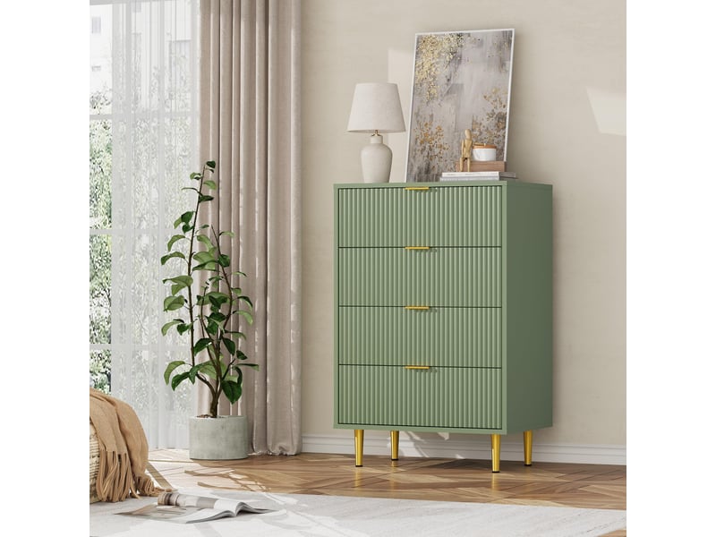 Commode moderne 4 tiroirs façade ondulée – rangement élégant, poignées et pieds dorés – pour chambre, salon ou entrée – vert avocat PHK_35LRSD3V - Conforama A