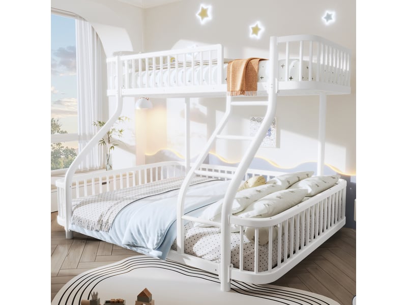  Lit superposé 90 x 200 cm, 140 x 200 cm, cadre en métal, garde-corps, échelle, sans matelas, blanc  - Conforama D