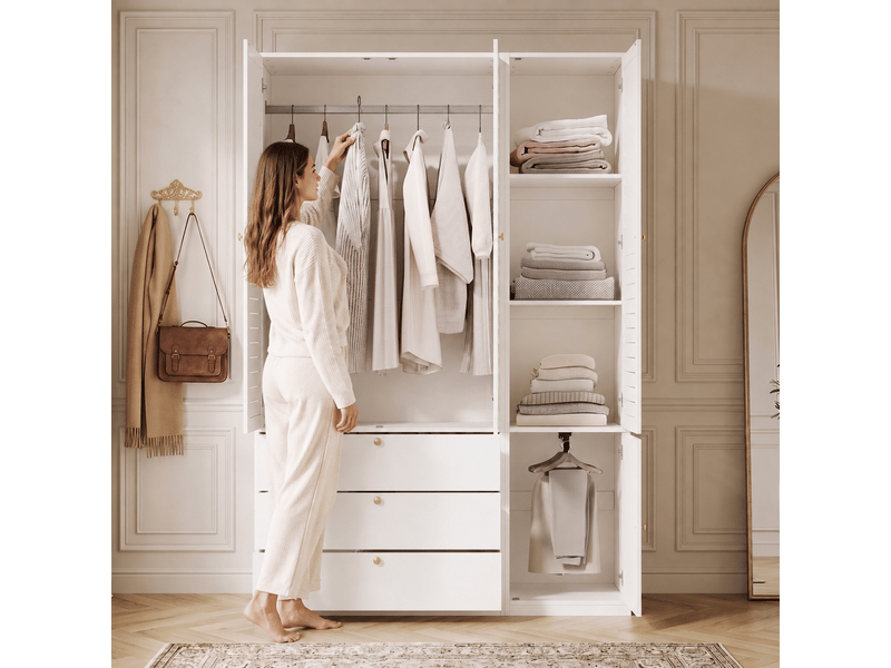  Armoire 3 portes avec persiennes blanches 135x50x200 cm - 3 tiroirs, 2 penderies et porte-pantalons  - Conforama E