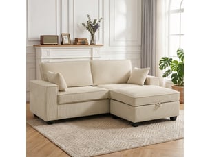 Canapé 3 places avec pouf de rangement, canapé d'angle en velours côtelé, assise large, beige, 2 coussins
