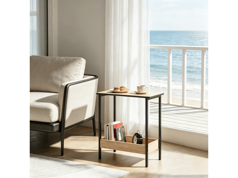  Table d’appoint carrée 2 niveaux avec rangement - lpospi - métal, bois d’ingénierie noir chêne clair 50 × 55 × 25 cm  - Conforama C