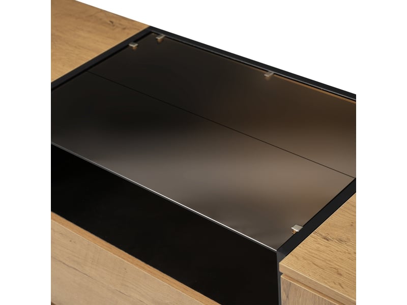  Commode à 2 tiroirs et 2 portes, 140 x 40 x 70 cm, niche ouverte et verre trempé teinté, effet chêne clair  - Conforama E