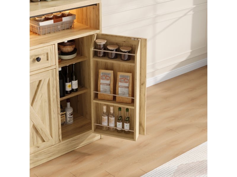 Buffet avec éclairage led, tiroir et 4 portes battantes, 140x35x95 cm, mdf couleur bois clair, design naturel - Conforama R