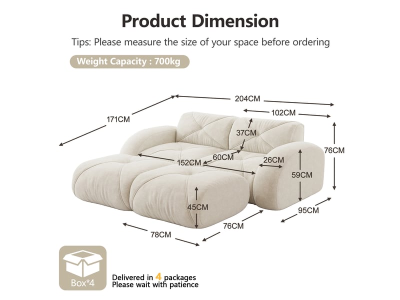  Canapé modulaire 2 places sans cadre avec assise en mousse 32d et 2 poufs, en chenille, beige clair  - Conforama E