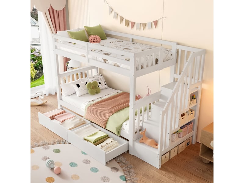 Lit superposé blanc pour enfant 90x200 cm avec escalier de rangement, deux tiroirs pratiques et barrières hautes de sécurité - Conforama R