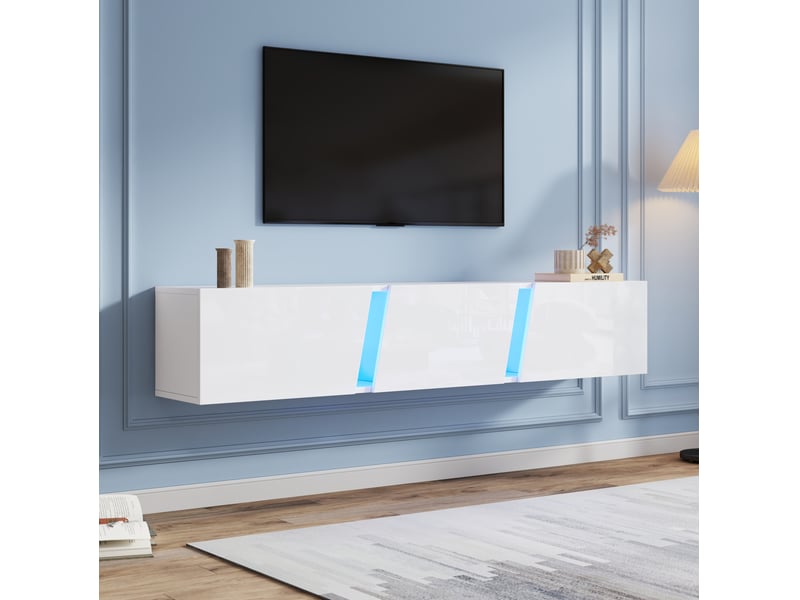  Meuble tv mural 180 x 35 x 30 cm avec led, 3 portes abattantes, blanc brillant  - Conforama D