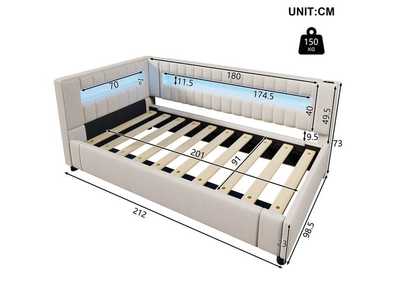  Lit banquette enfant 90x200 cm, lit coffre simple, avec éclairage led 7 couleurs, usb + type-c, espace de rangement, lin beige sans matelas  - Conforama C