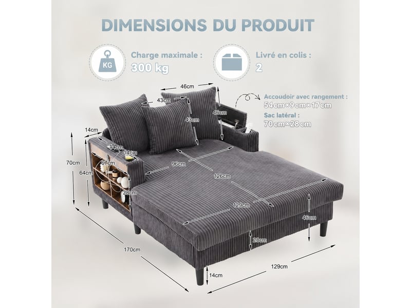 Chaise longue en velours côtelé avec grande surface de couchage, rangement, usb, led multicolore et porte-gobelets, gris foncé - Conforama B