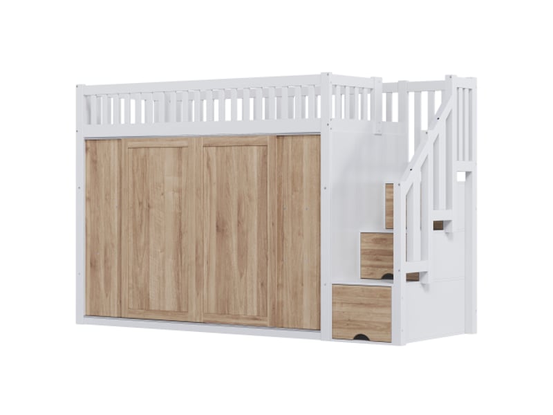  Lit mezzanine enfant 90x200 cm, armoire, escalier de rangement, led coloré, blanc et chêne, sans matelas  - Conforama D