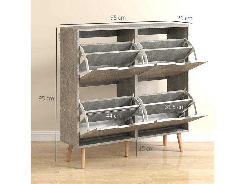  Meuble à chaussures gris avec 4 tiroirs basculants sur 2 niveaux pour 16 paires en bois 95x26x95 cm  - Conforama C