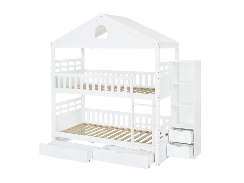  Lit enfant superposé ，90x200 cm， avec échelle tiroirs rangement ，bois ，blanc  - Conforama A