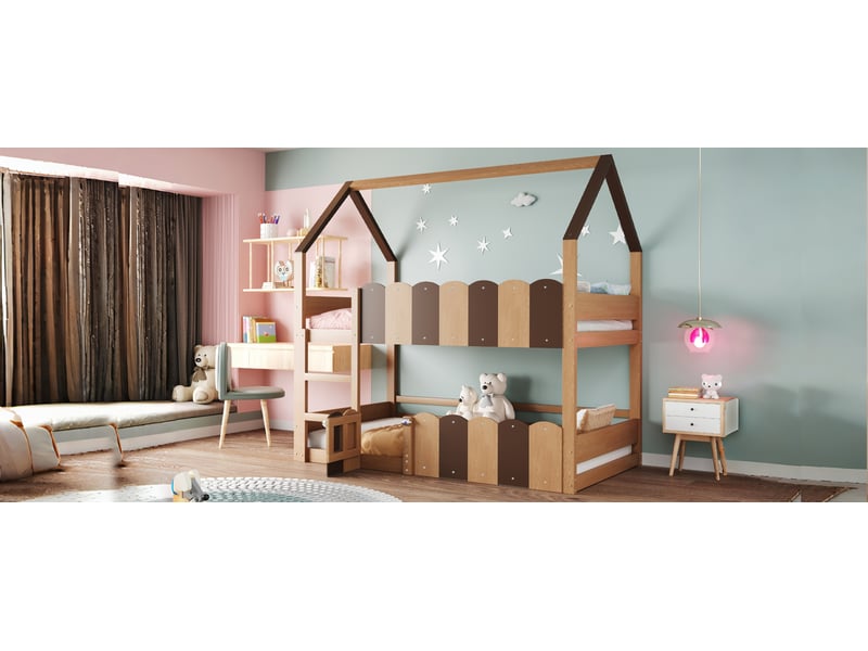  Lit superposé cabane 90 x 200 cm avec garde-corps surélevé et toit décoratif, échelle latérale et structure en bois, bois, couleur bois Morn Vibe - Conforama E