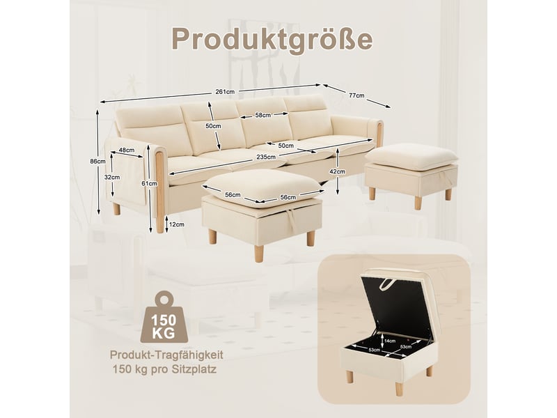  Grand canapé en u avec 2 poufs à rangement, modulable 4 places, pieds en bois, chenille beige  - Conforama C