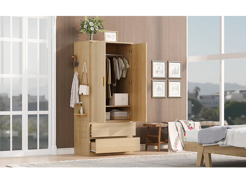  Armoire penderie avec 2 tiroirs et rangement caché - lpospi - panneau perforé latéral mdf bois 70 × 50 × 170 cm  - Conforama E
