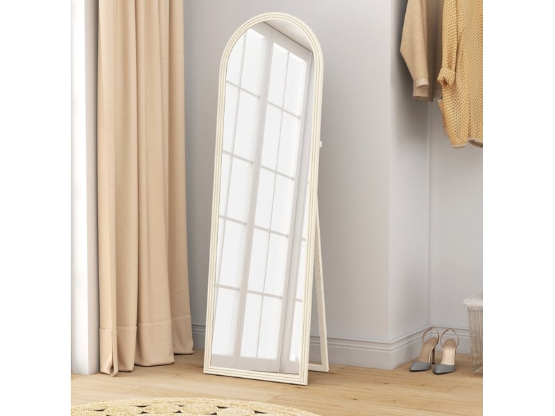  Miroir sur pied et mural 50 x 160 cm – blanc – cadre arqué avec support rabattable, verre trempé sécurisé  - Conforama D
