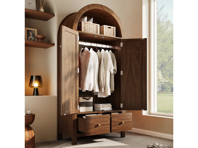  Armoire penderie 181x78x45 cm avec 2 portes en rotin, armoire de chambre avec fermeture magnétique, 2 tiroirs, tringle et niche arrondie, effet noyer Seren Glow - Conforama E