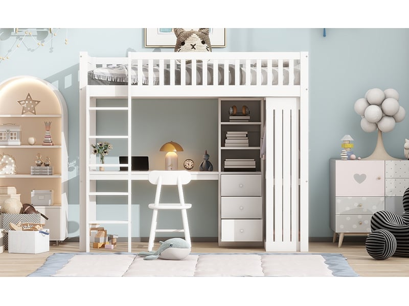  Lit mezzanine enfant 90x200 cm avec bureau, armoire, 3 tiroirs et escalier blanc  - Conforama E