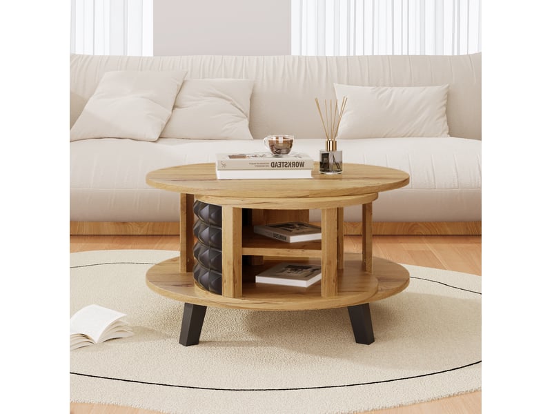  Table basse ronde 80 cm tournante avec rangement caché, table de salon, pour salon, aggloméré, couleur bois et noir  - Conforama B