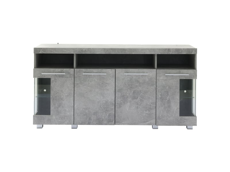 Buffet de salon gris effet béton avec éclairage led intégré, portes en verre trempé et rangement 140 x 40 x 70 cm - Conforama A