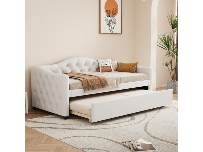  Modenvie lit banquette gigogne 90x200 cm - avec lit gigogne, structure en lin et mdf, sans matelas - beige  - Conforama E