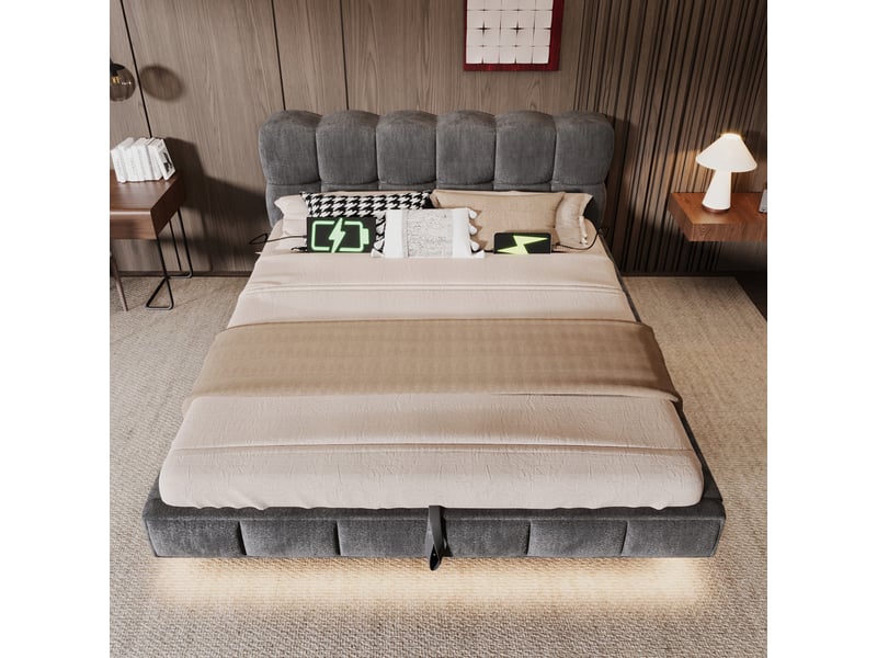 Lit coffre bubble en chenille gris 140x190 cm avec led, usb et type-c Fay Lum - Conforama D