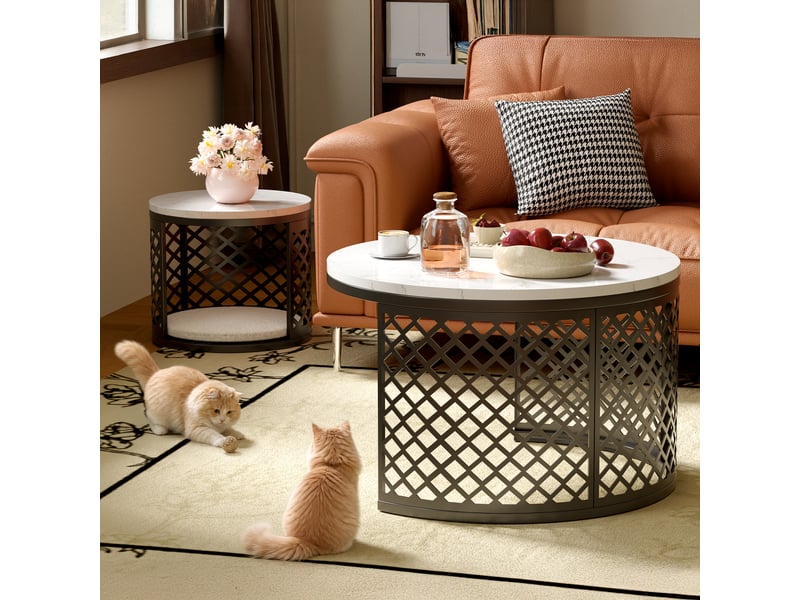  Tables basses gigognes ulevr rondes avec espace pour animal de compagnie, mdf et métal, blanc, 70 et 45 cm  - Conforama E