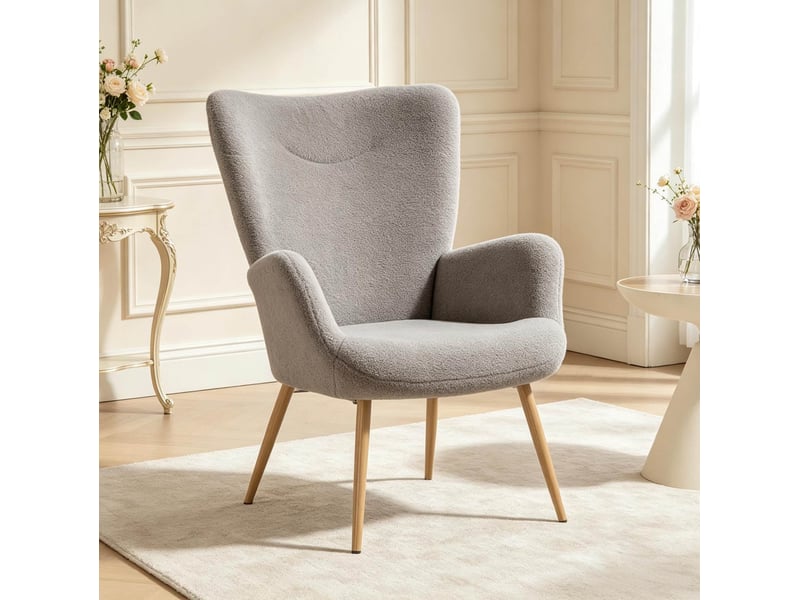 Fauteuil de salon à dossier haut en tissu bouclette gris - Conforama D