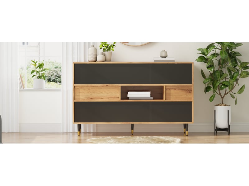 Buffet 140x40x84,5 cm, meuble entrée salon avec 2 tiroirs, 2 portes latérales et étagère - Conforama W