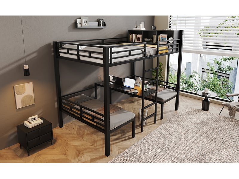  Lit superposé métal noir 120 x 200 cm avec deux assises-couchages inférieures 60 x 120 cm, échelle droite et étagère  - Conforama B