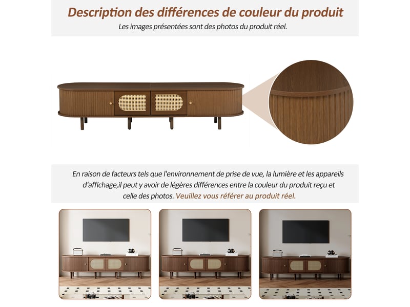  Meuble tv noyer 180 cm ovale style vintage avec portes rotin et coulissantes pour écran 80 pouces  - Conforama R