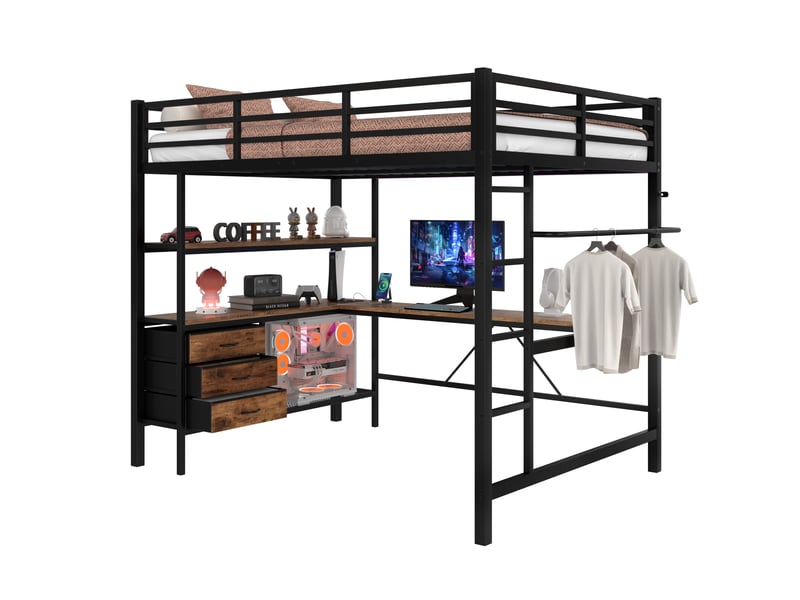  Lit mezzanine 140x200 cm coloris noir led métal lit enfant noir - Conforama A