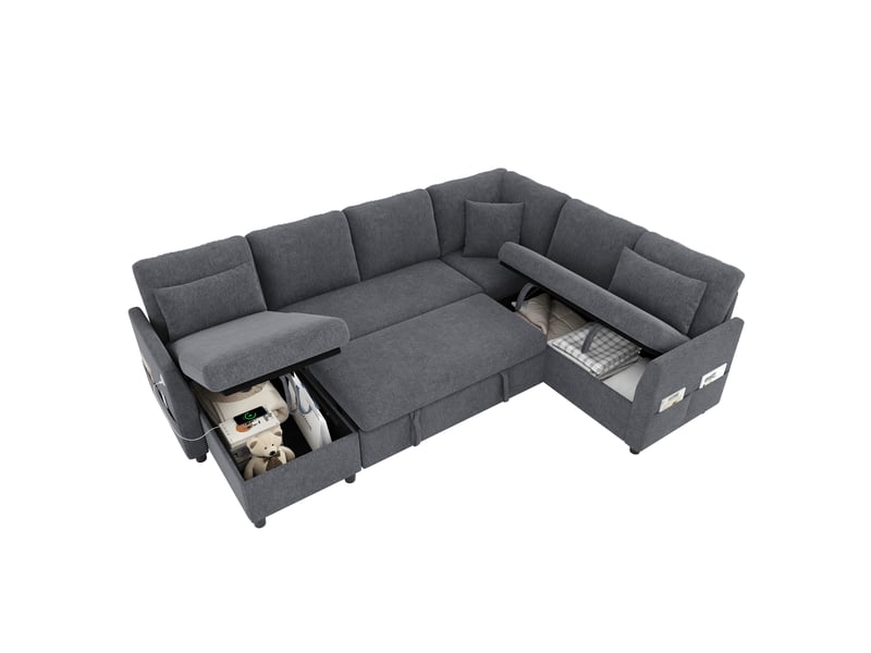  Canapé d’angle convertible 6 places 255x196x85 cm en lu, méridienne réversible, coffres, usbtype-c, poche latérale, 3 coussins, lin, gris Bliss Lite - Conforama A